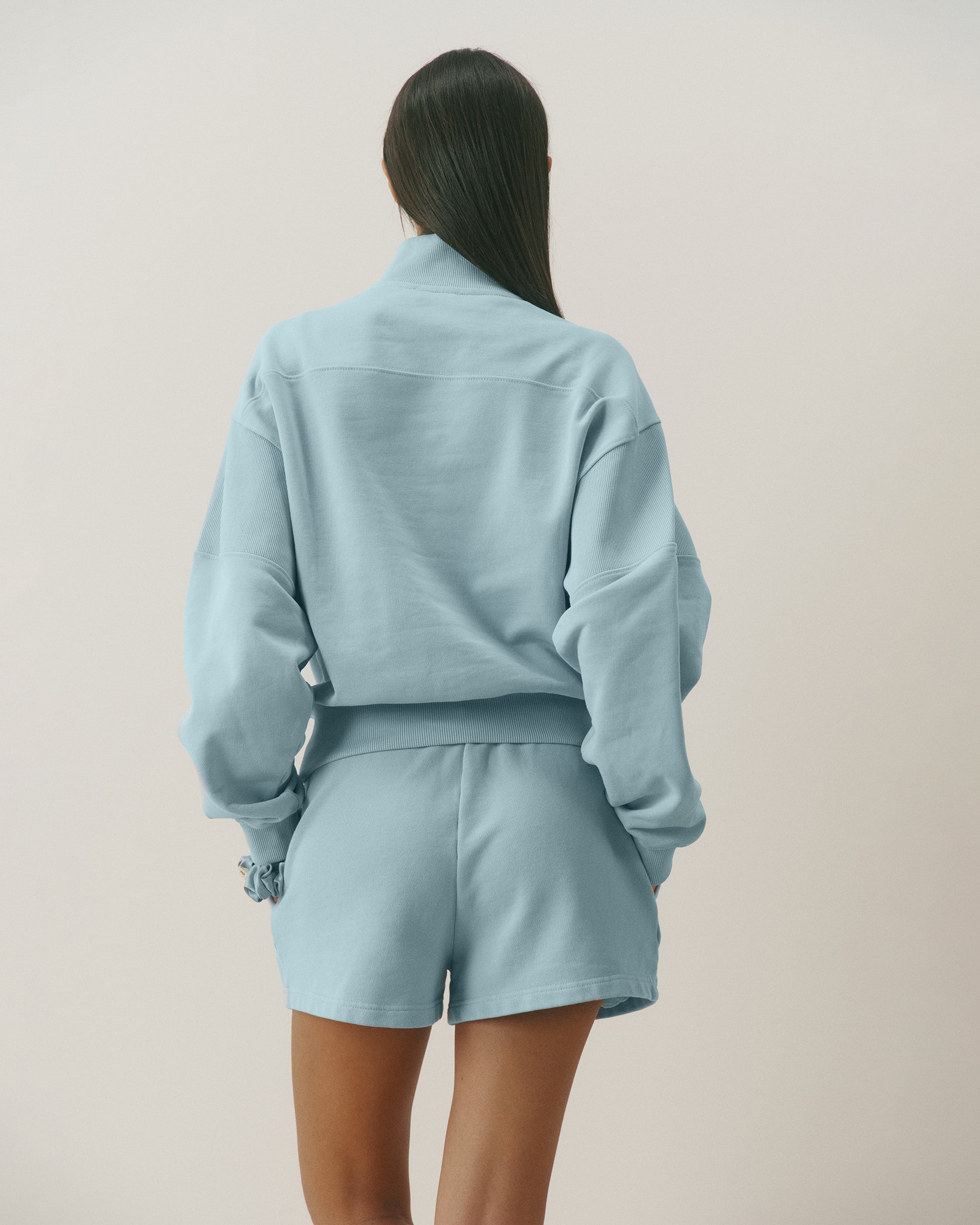 Varsity Oversized Funnel Neck Zip Sweatshirt - Breeze Blue/Marshmallow White