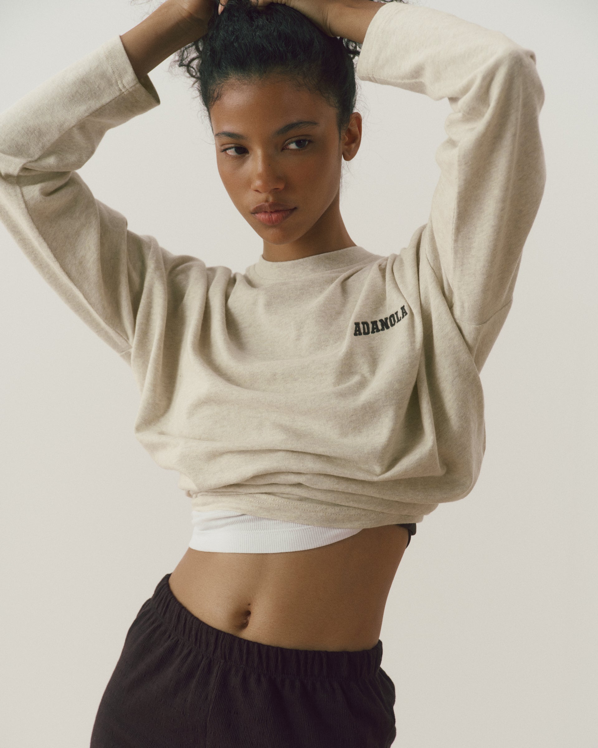 Varsity Long Sleeve Drop Shoulder T-shirt - Oat Melange/Coffee Bean