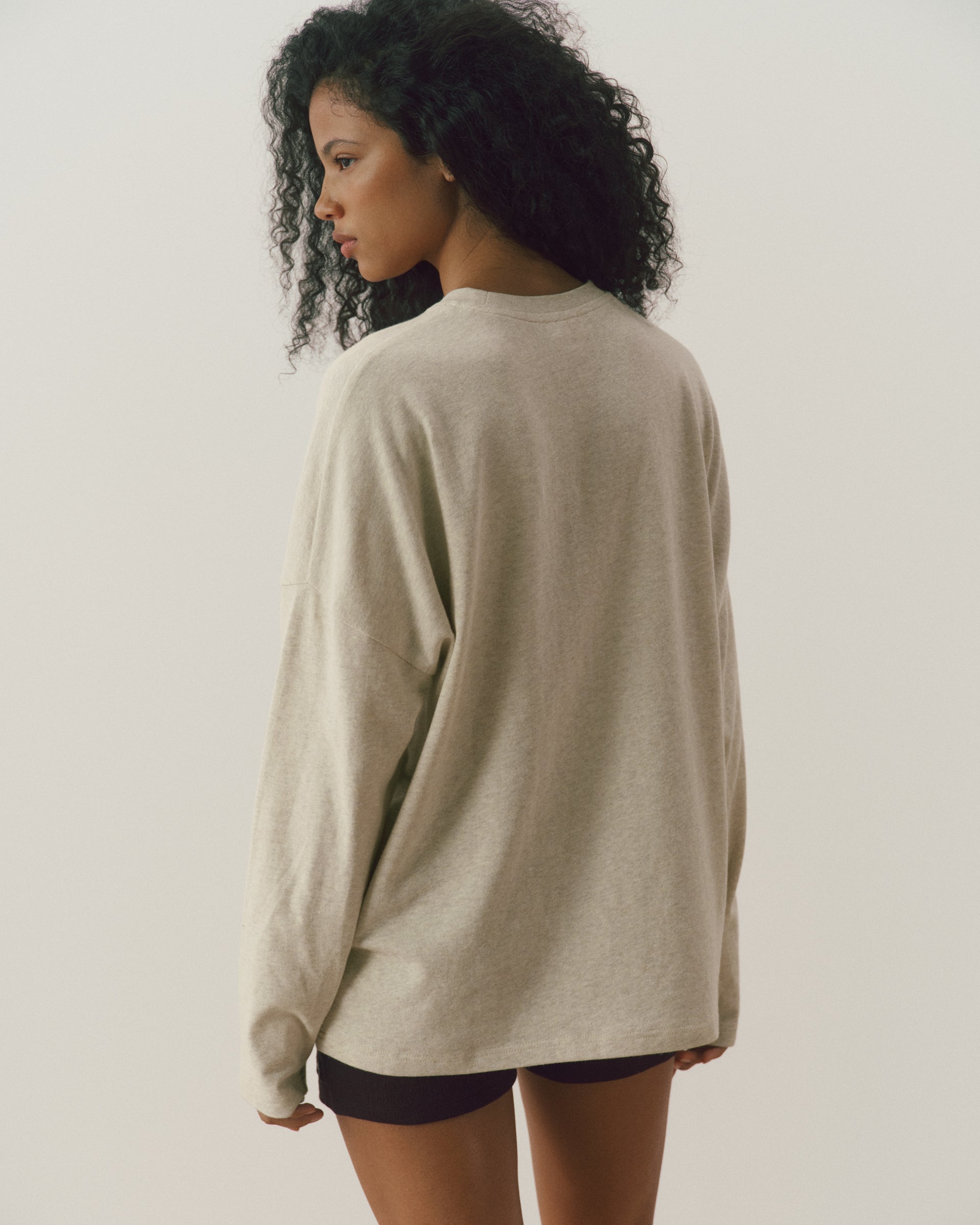 Varsity Long Sleeve Drop Shoulder T-shirt - Oat Melange/Coffee Bean