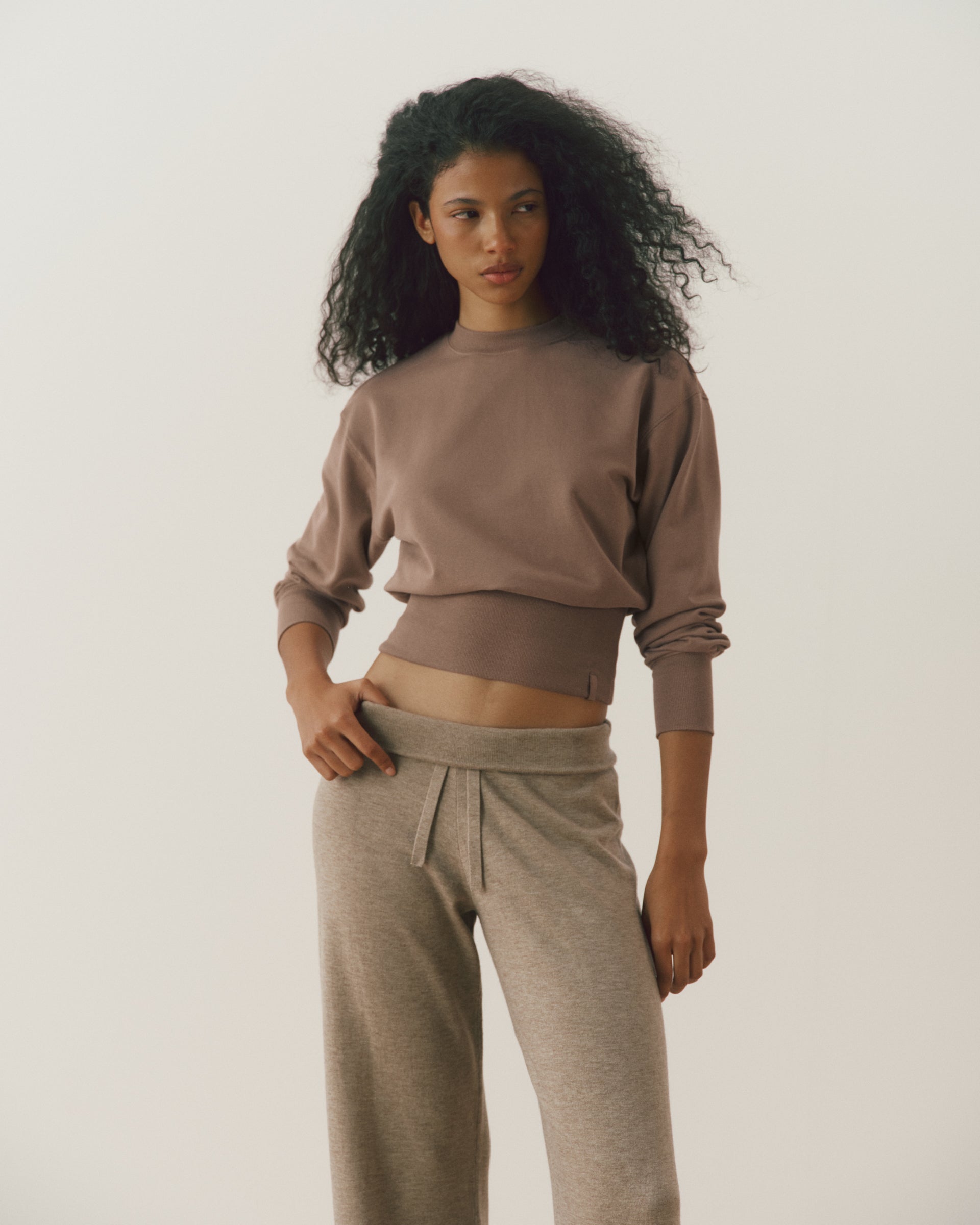 【maisoncelon】side tuck sweat top Modal Cinch Hem Sweatshirt - Dusty Brown – Adanola