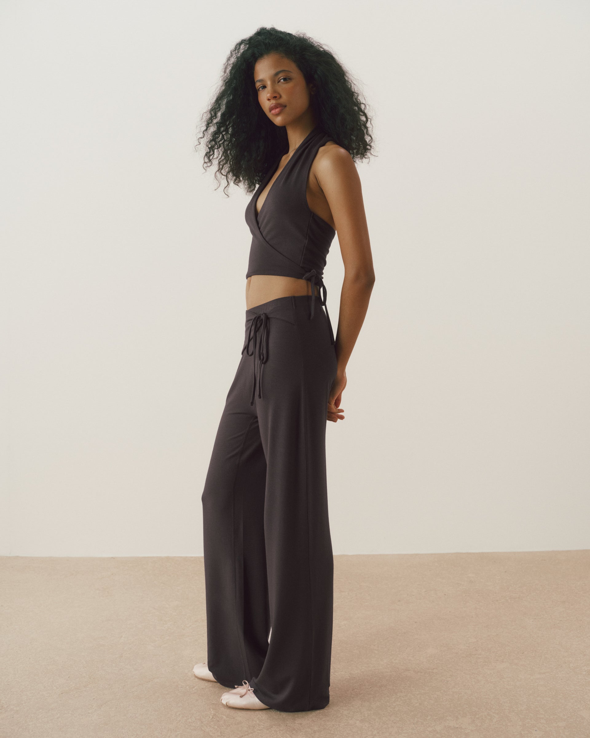 Modal Wrap Tie Waist Pants - Coffee Bean