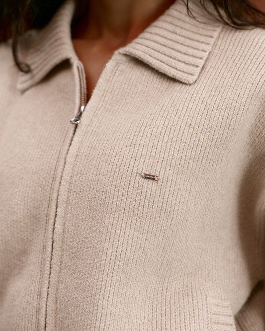 Knit Collared Bomber Jacket - Almond