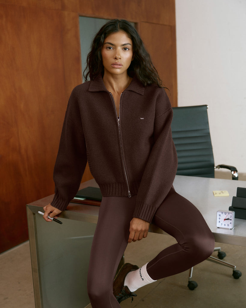 Knit Collared Bomber Jacket - Chocolate Brown