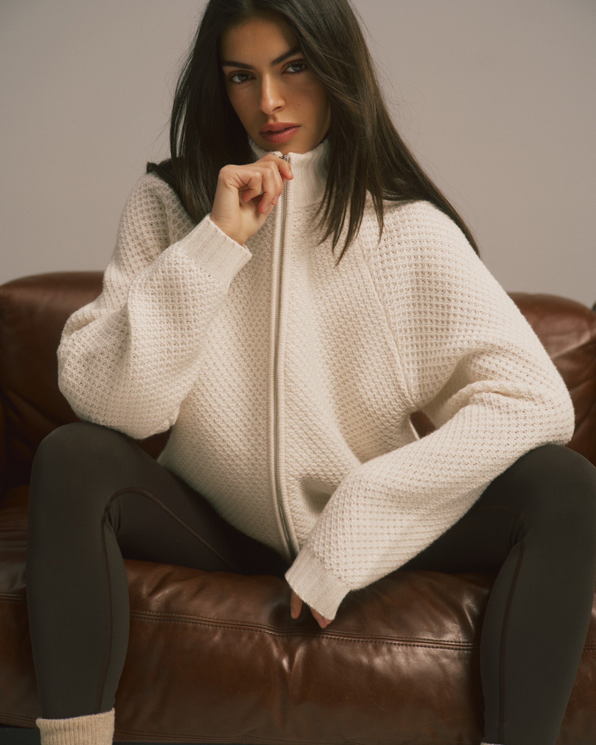 Knit Full Zip Funnel Neck Sweatshirt - Marshmallow White