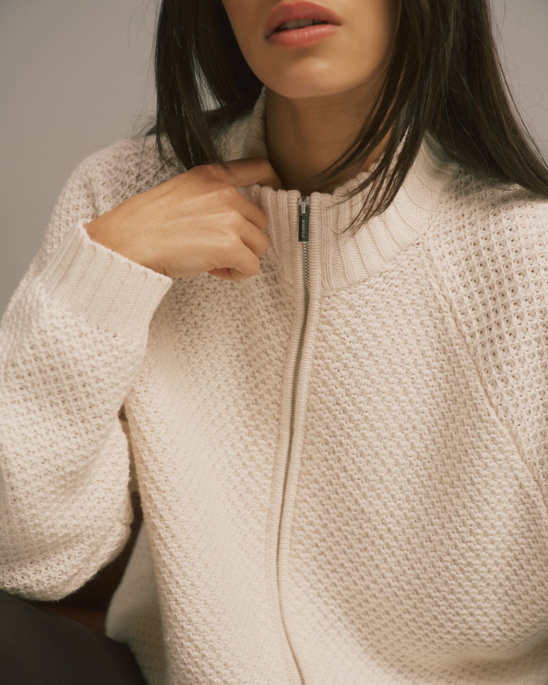 Knit Full Zip Funnel Neck Sweatshirt - Marshmallow White