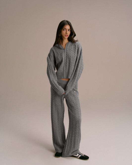 Cable Knit Zip Hoodie - Dark Grey Melange