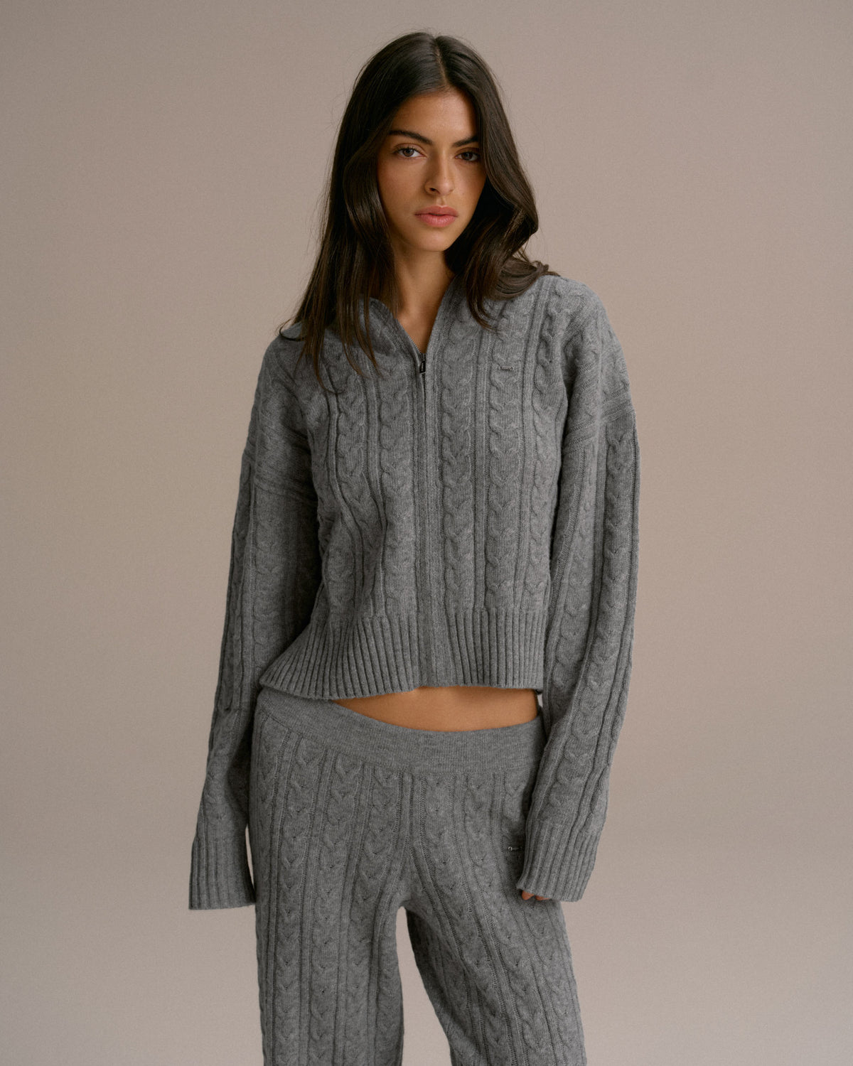 Cable Knit Zip Hoodie Dark Grey Melange