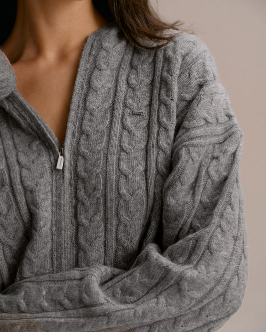 Cable Knit Zip Hoodie - Dark Grey Melange