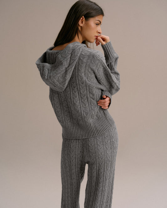 Cable Knit Zip Hoodie - Dark Grey Melange