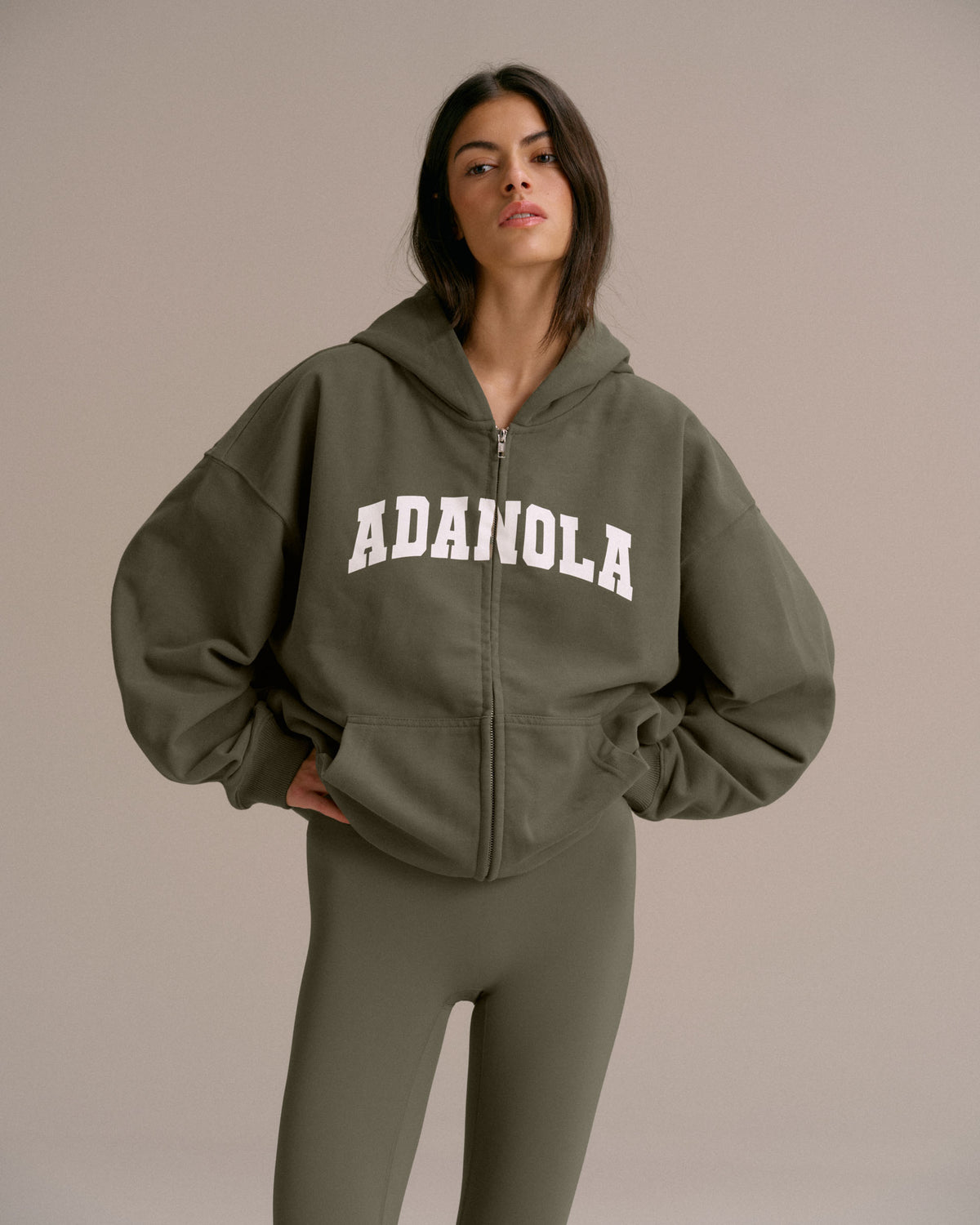 Varsity Oversized Full Zip Hoodie Olive Green Marshmallow