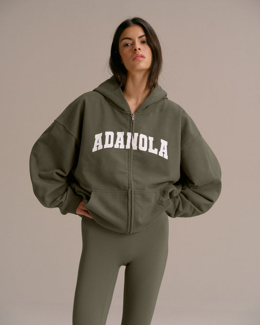 Varsity Oversized Full Zip Hoodie - Olive Green/Marshmallow White