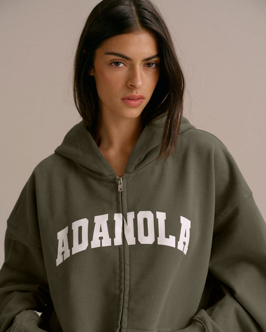 Varsity Oversized Full Zip Hoodie - Olive Green/Marshmallow White