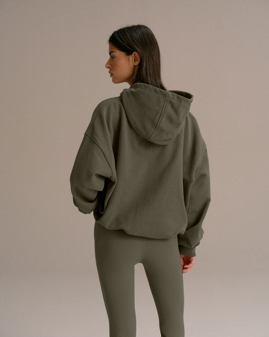 Varsity Oversized Full Zip Hoodie - Olive Green/Marshmallow White