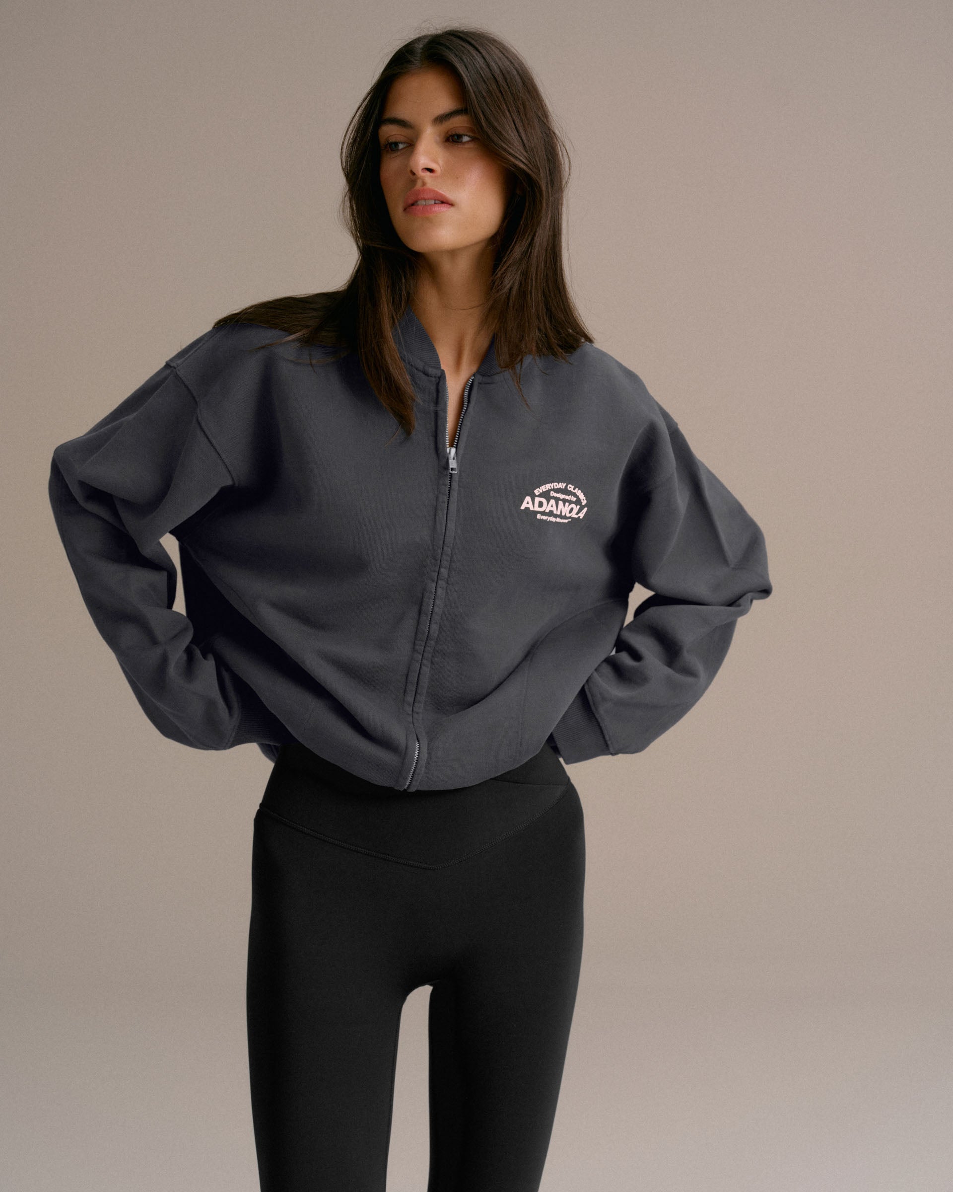 Classics Distressed Full Zip Sweatshirt - Charcoal Grey/Blush Pink