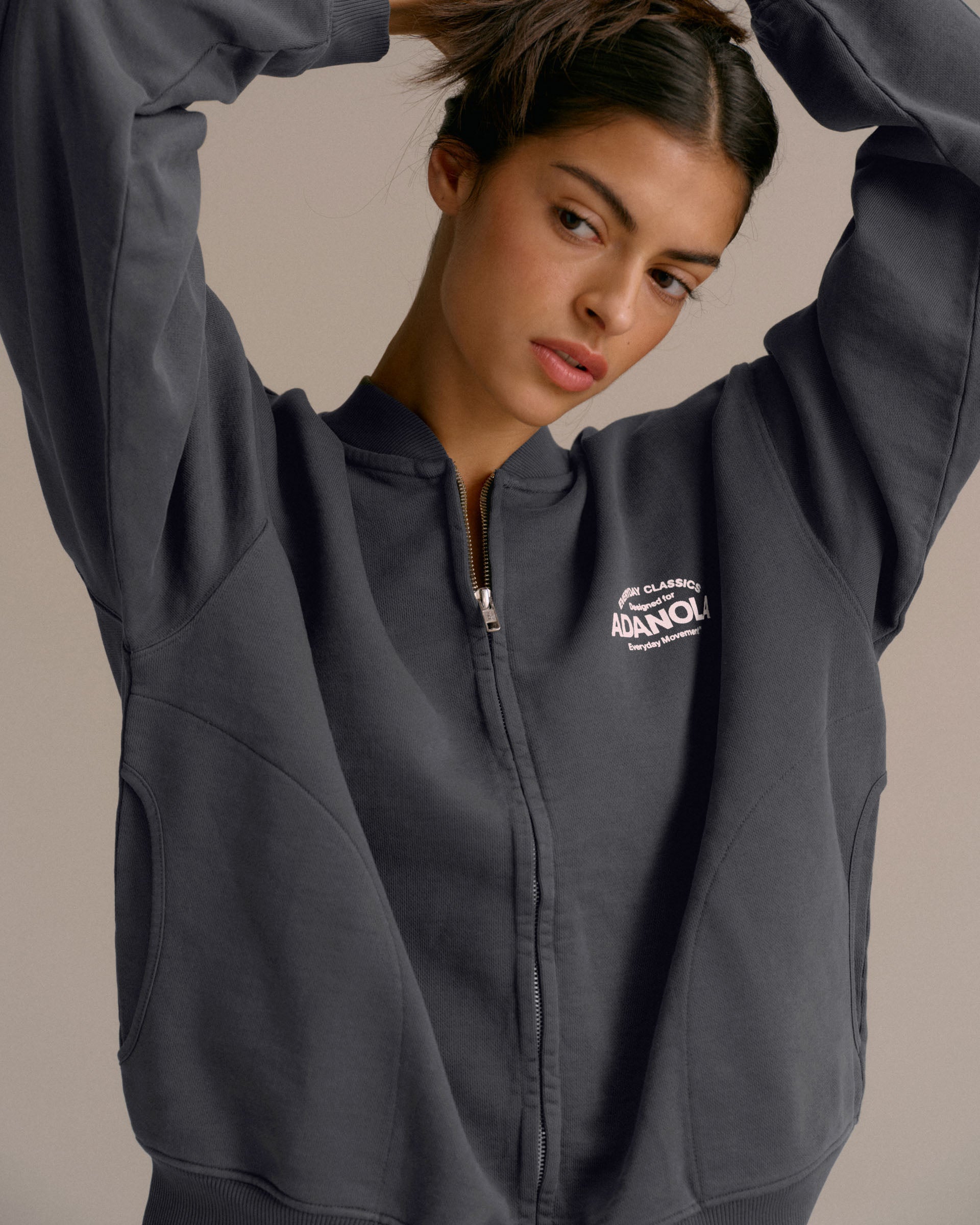 Classics Distressed Full Zip Sweatshirt - Charcoal Grey/Blush Pink