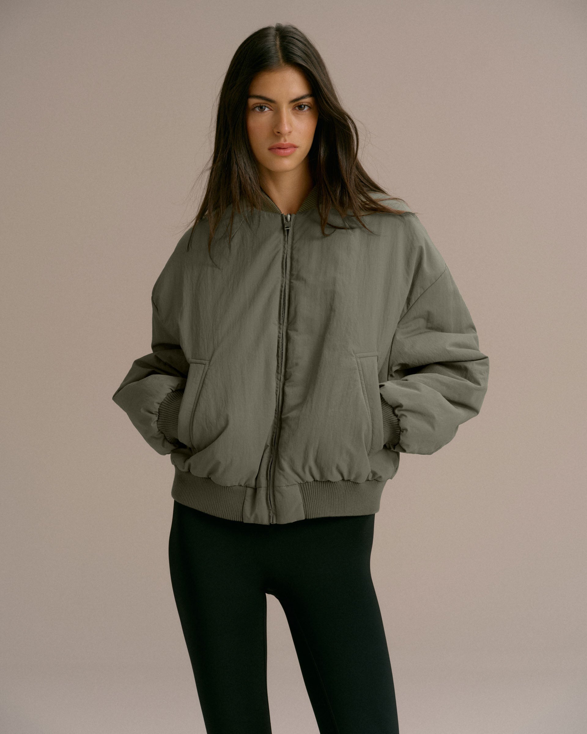 Drop Shoulder Reversible Bomber Jacket - Black/Olive Green