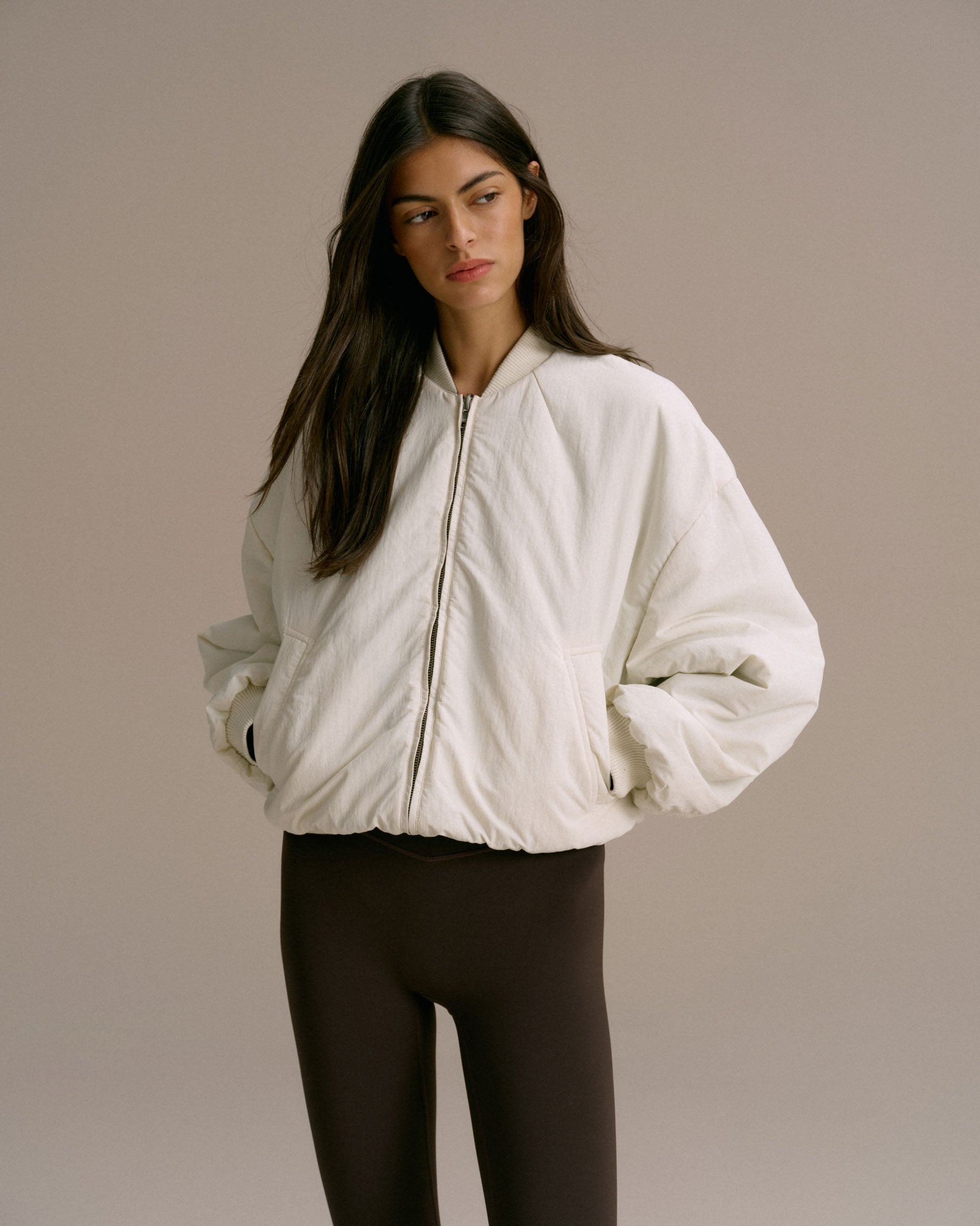 Drop Shoulder Reversible Bomber Jacket - Coffee Bean/Marshmallow White