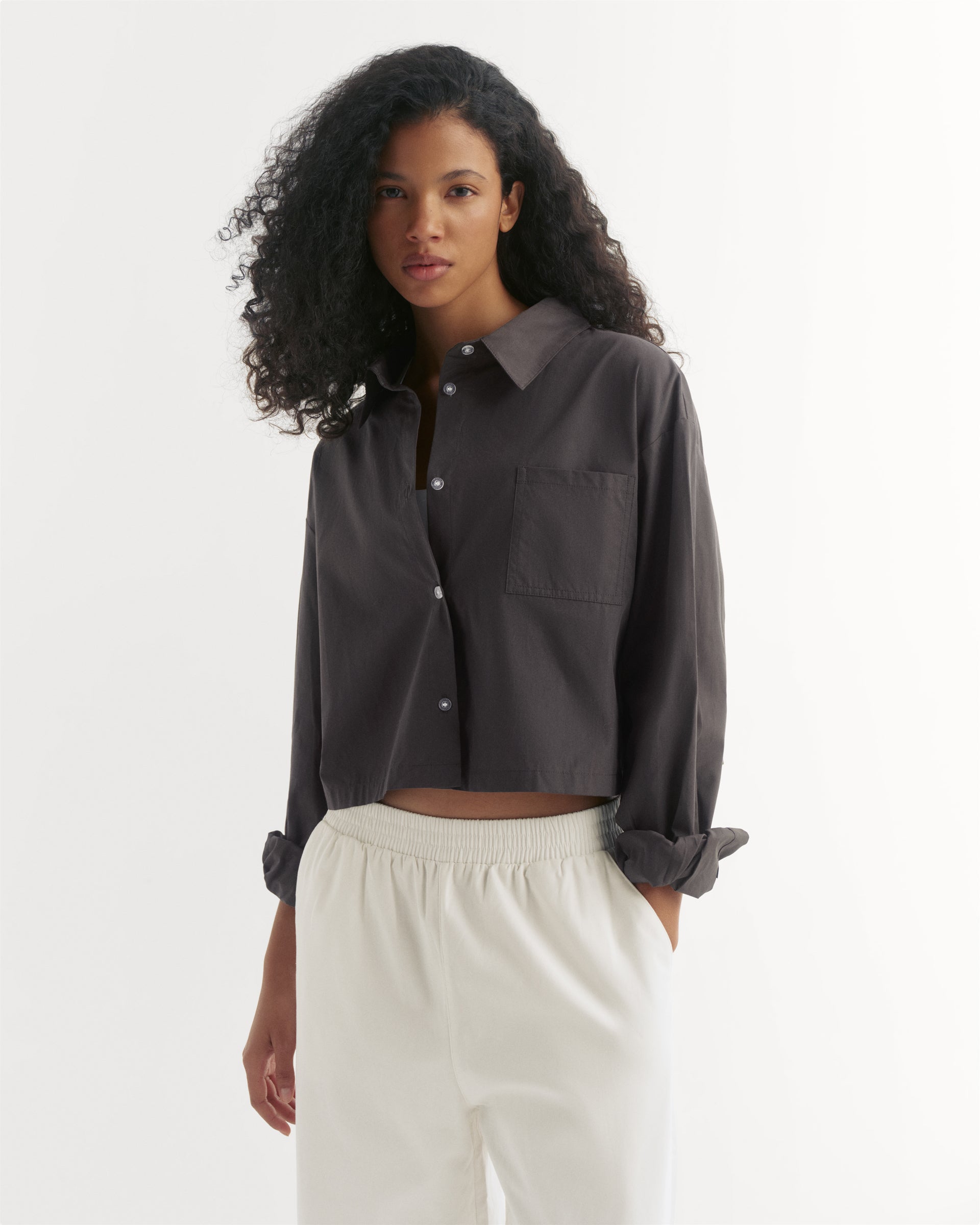 Cotton Cropped Shirt - Coffee Bean
