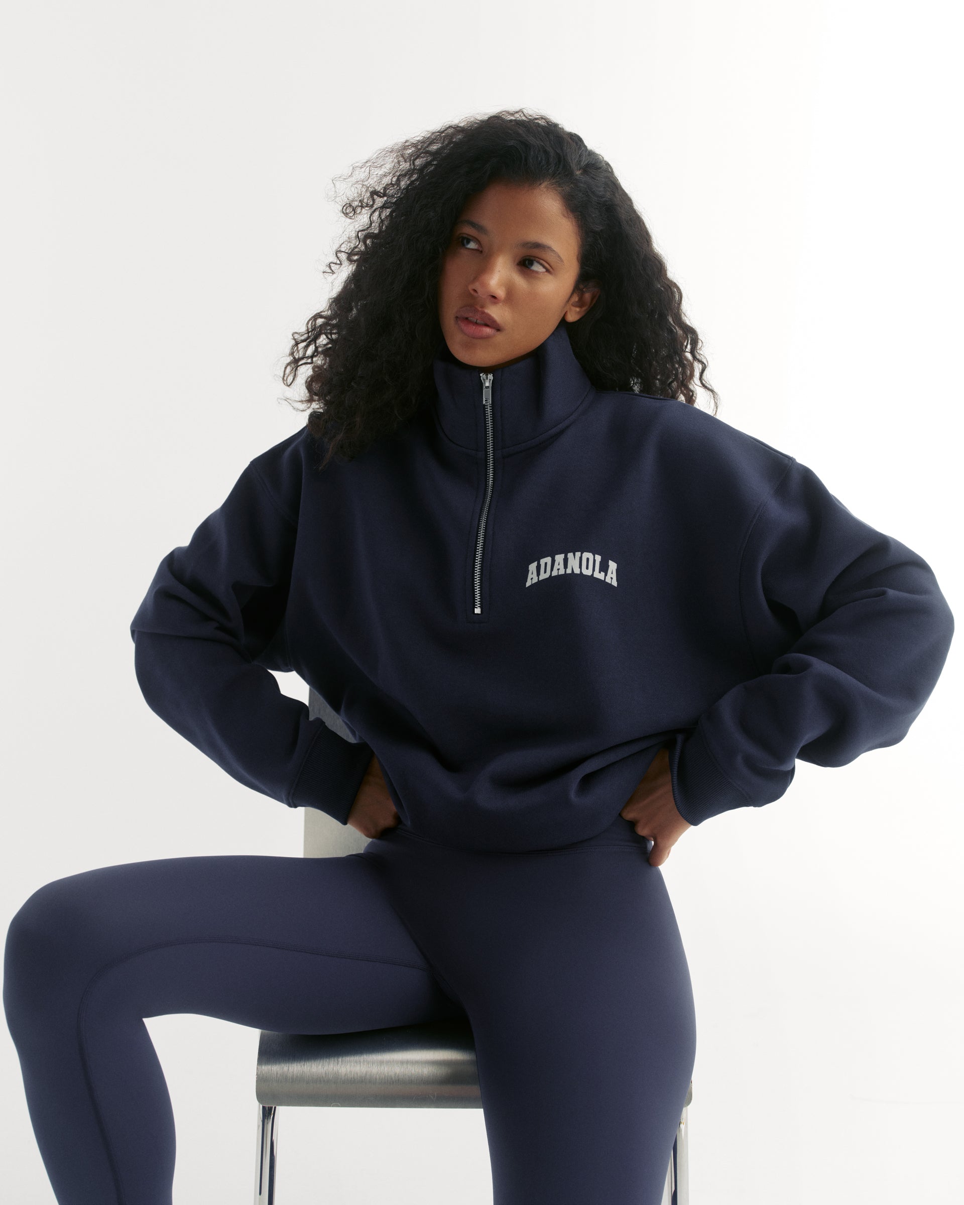Varsity Relaxed Funnel Neck Zip Sweatshirt - Navy Blue
