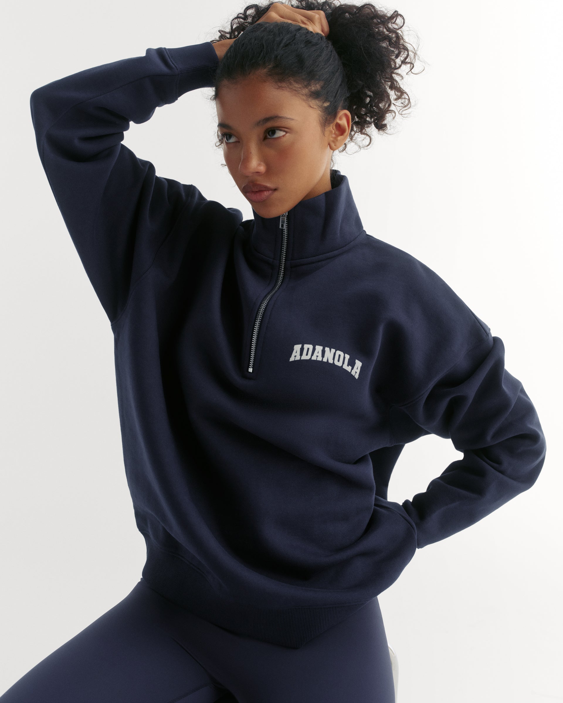 Varsity Relaxed Funnel Neck Zip Sweatshirt - Navy Blue
