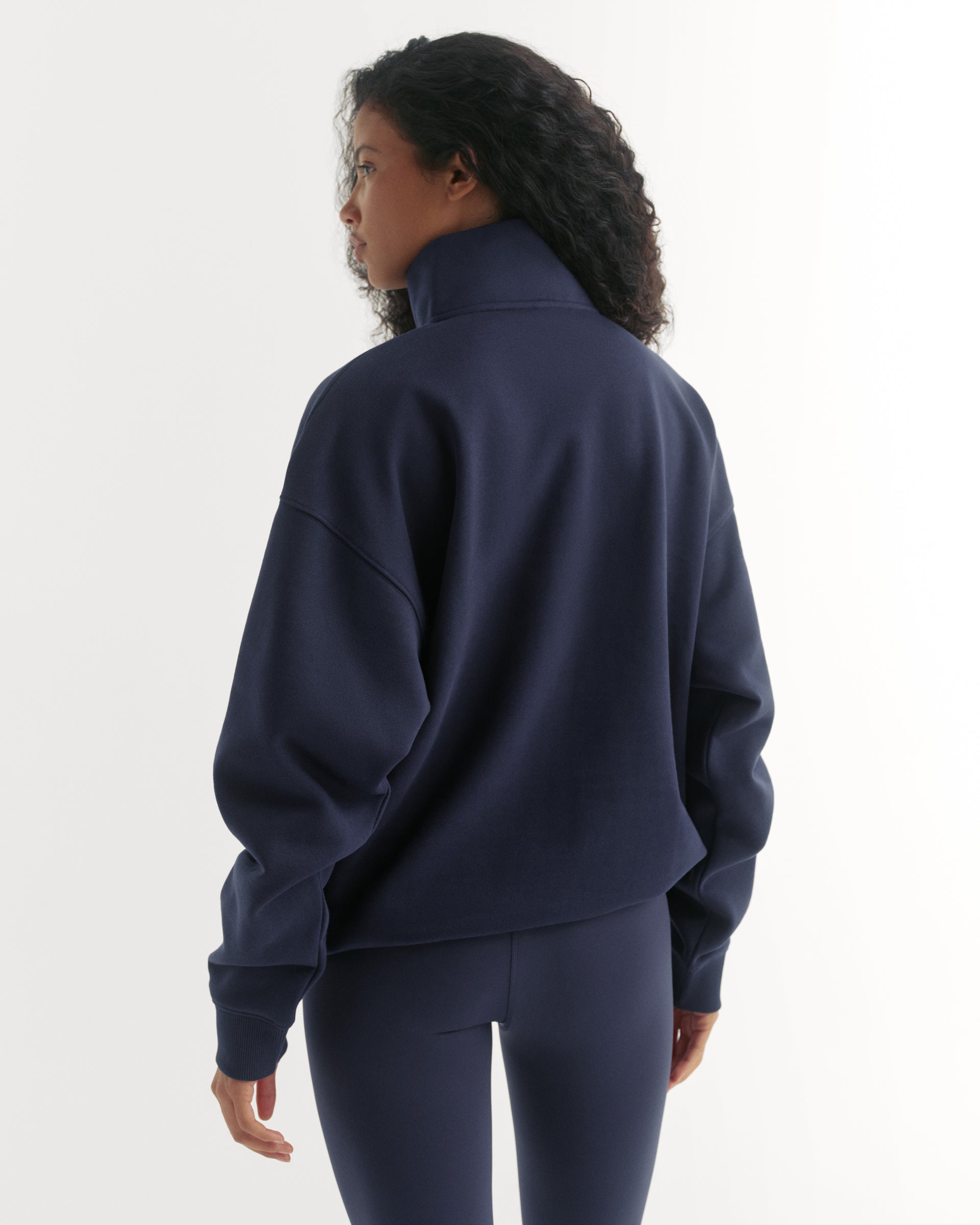 Varsity Relaxed Funnel Neck Zip Sweatshirt - Navy Blue