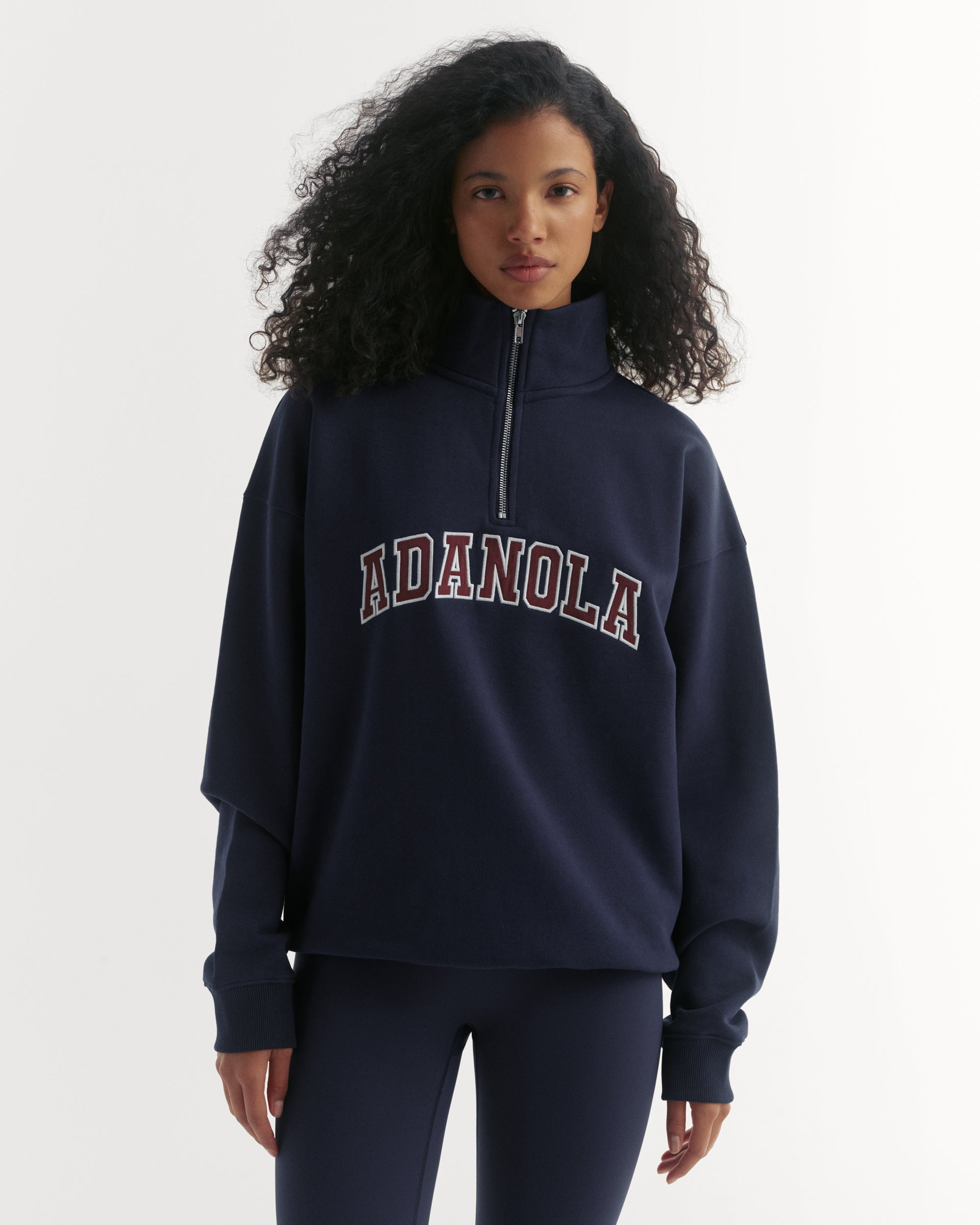 Varsity Relaxed Funnel Neck Zip Sweatshirt - Navy Blue/Mulberry Red