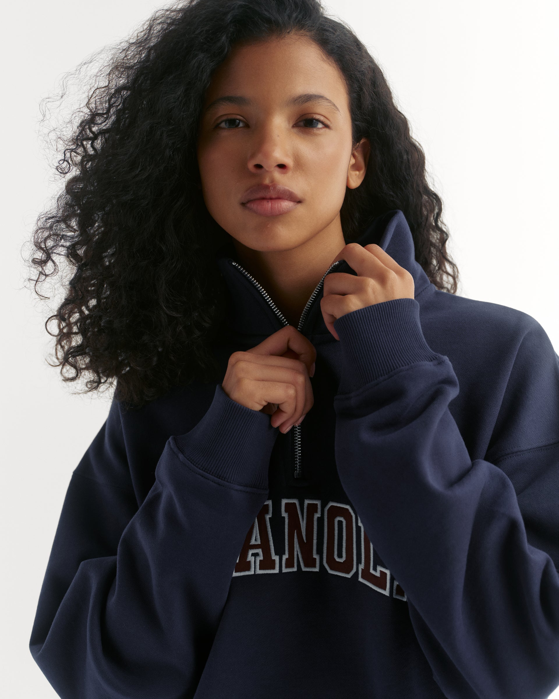Varsity Relaxed Funnel Neck Zip Sweatshirt - Navy Blue/Mulberry