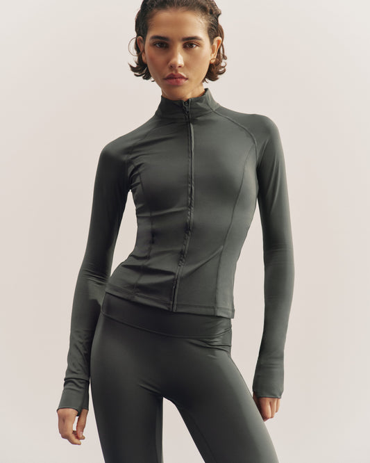 Ultimate Gloss Long Sleeve Zip Up Top - Grey