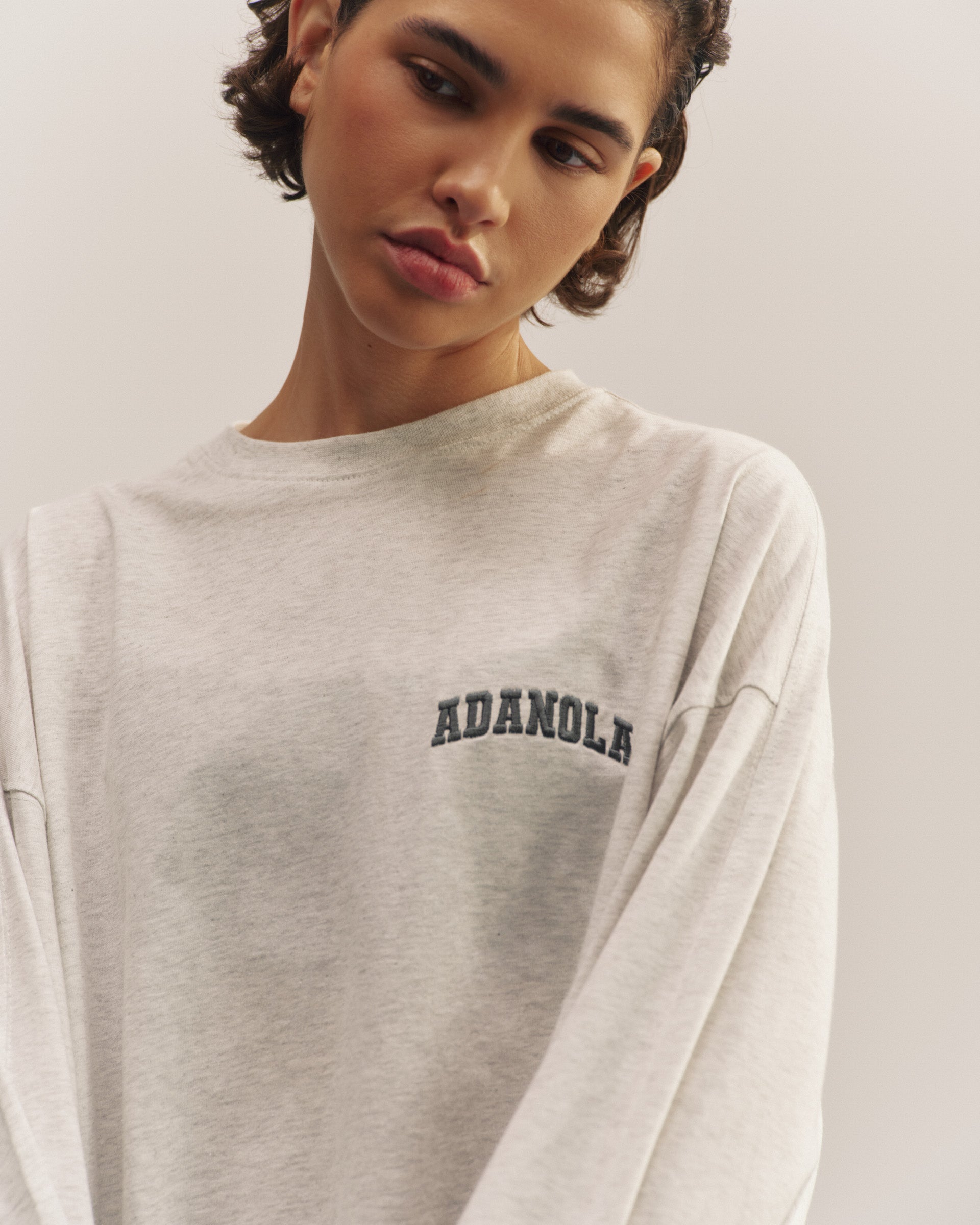 Varsity Long Sleeve Oversized T-Shirt - Light Grey Melange