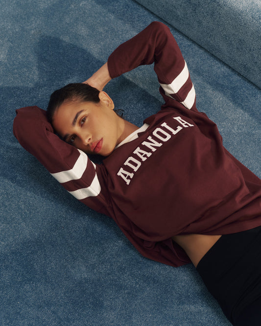 Varsity Boxy Long Sleeve T-Shirt - Burgundy/Marshmallow White
