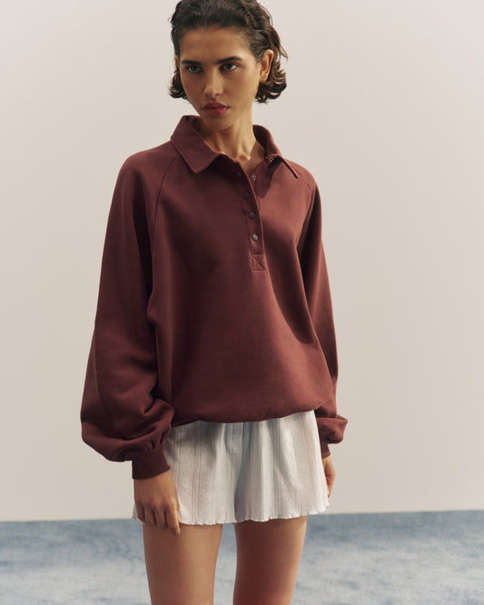 Slouchy Button Up Sweatshirt - Burgundy