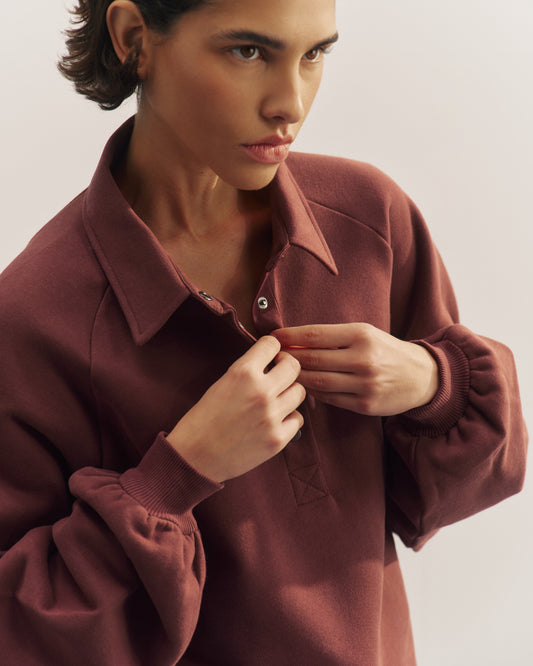 Slouchy Button Up Sweatshirt - Burgundy
