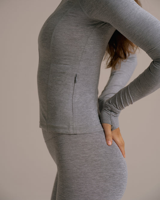 Brushed Long Sleeve Zip Up Top - Dark Grey Melange