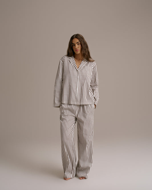 Cotton Sateen Stripe Pyjamas - Marshmallow White/Coffee Bean