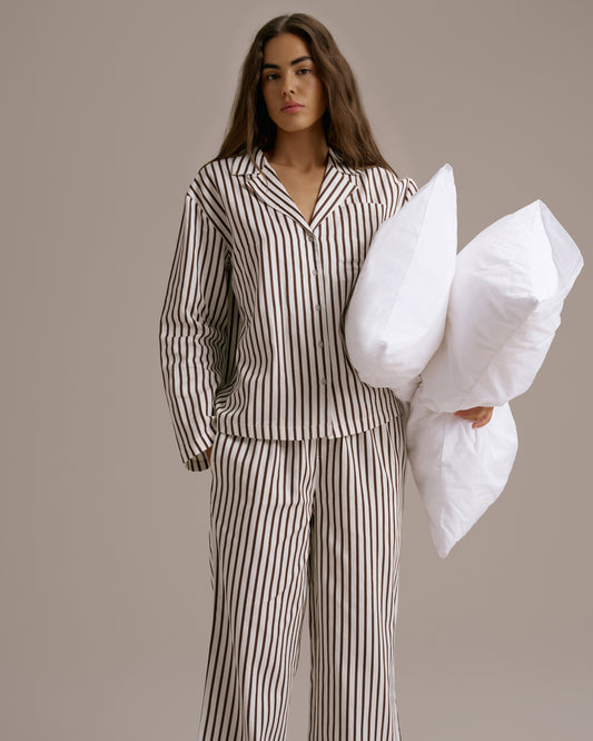 Cotton Sateen Stripe Pyjamas - Marshmallow White/Coffee Bean