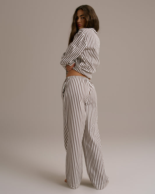 Cotton Sateen Stripe Pyjamas - Marshmallow White/Coffee Bean