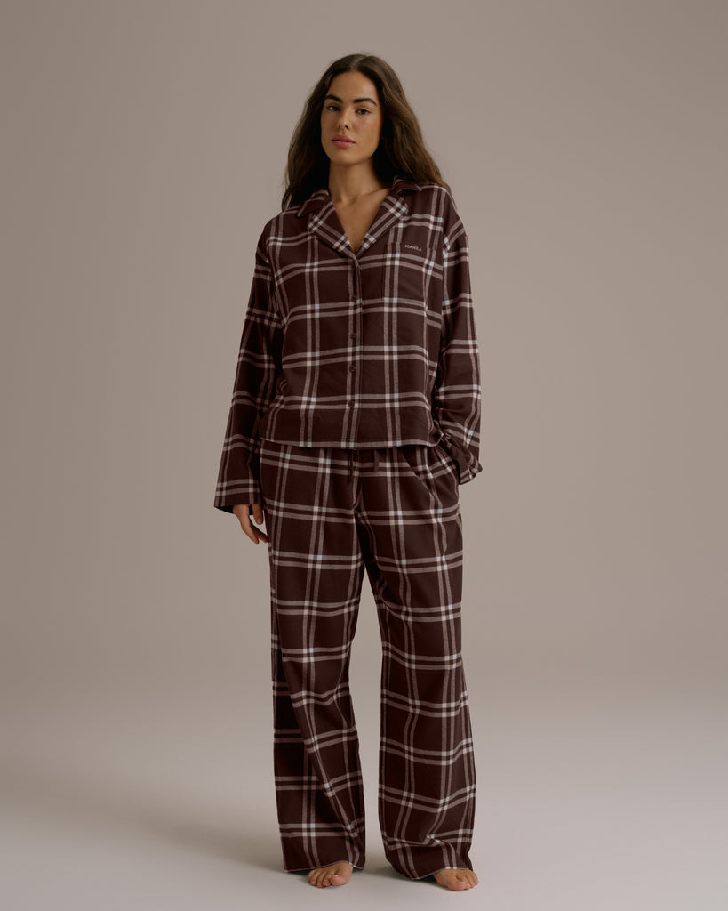 Box Set Brushed Cotton Checked Pyjamas - Chocolate Brown