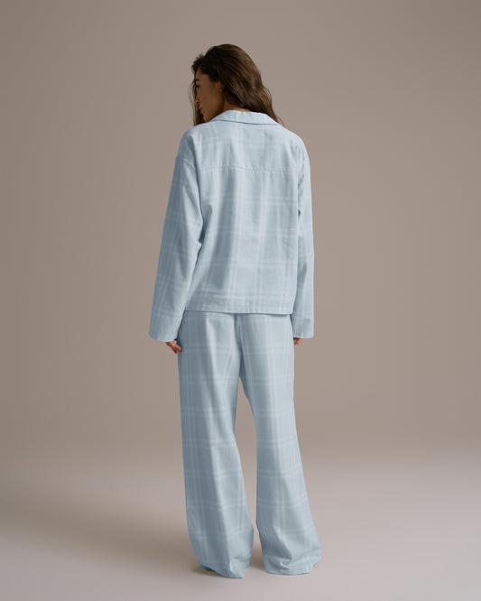 Box Set Brushed Cotton Checked Pyjamas - Light Blue
