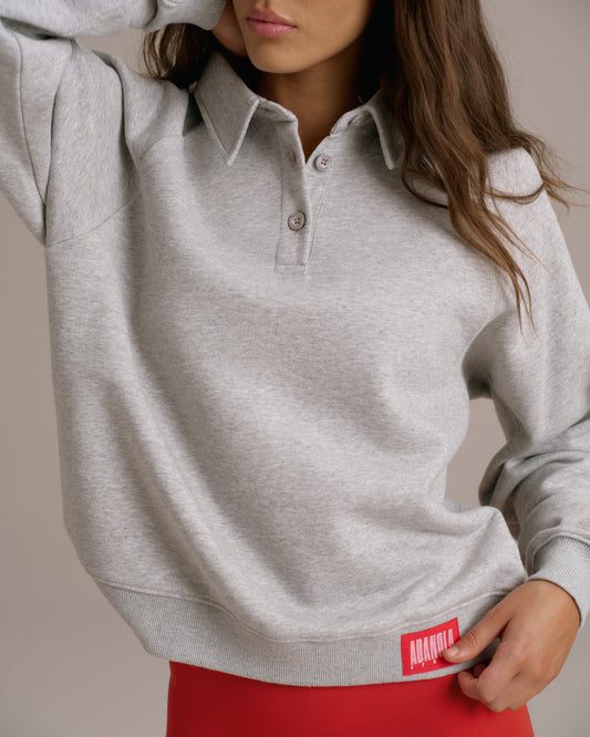 Raglan Polo Sweatshirt - Grey Melange