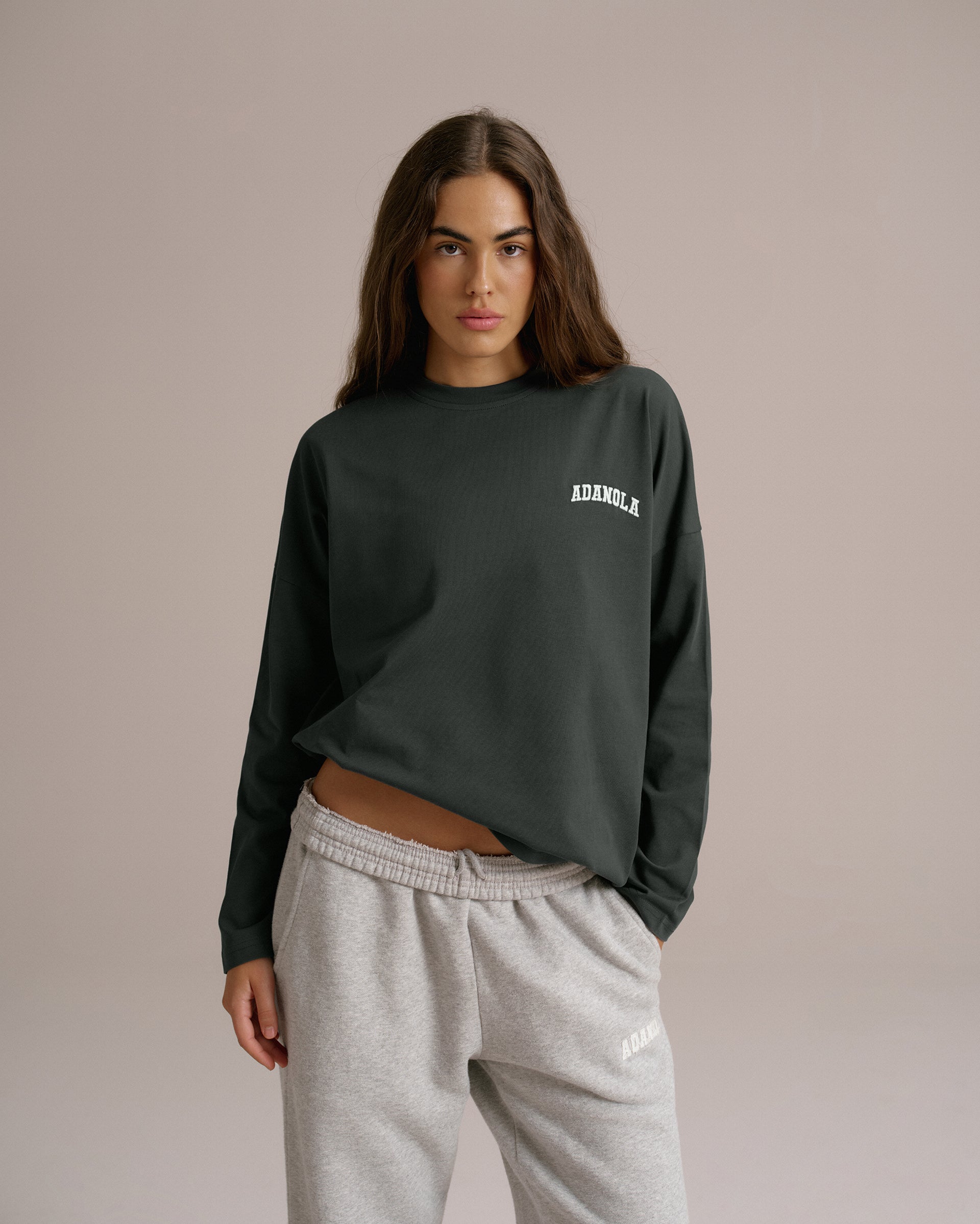 Varsity Long Sleeve Drop Shoulder T-shirt - Moss Green/Marshmallow White