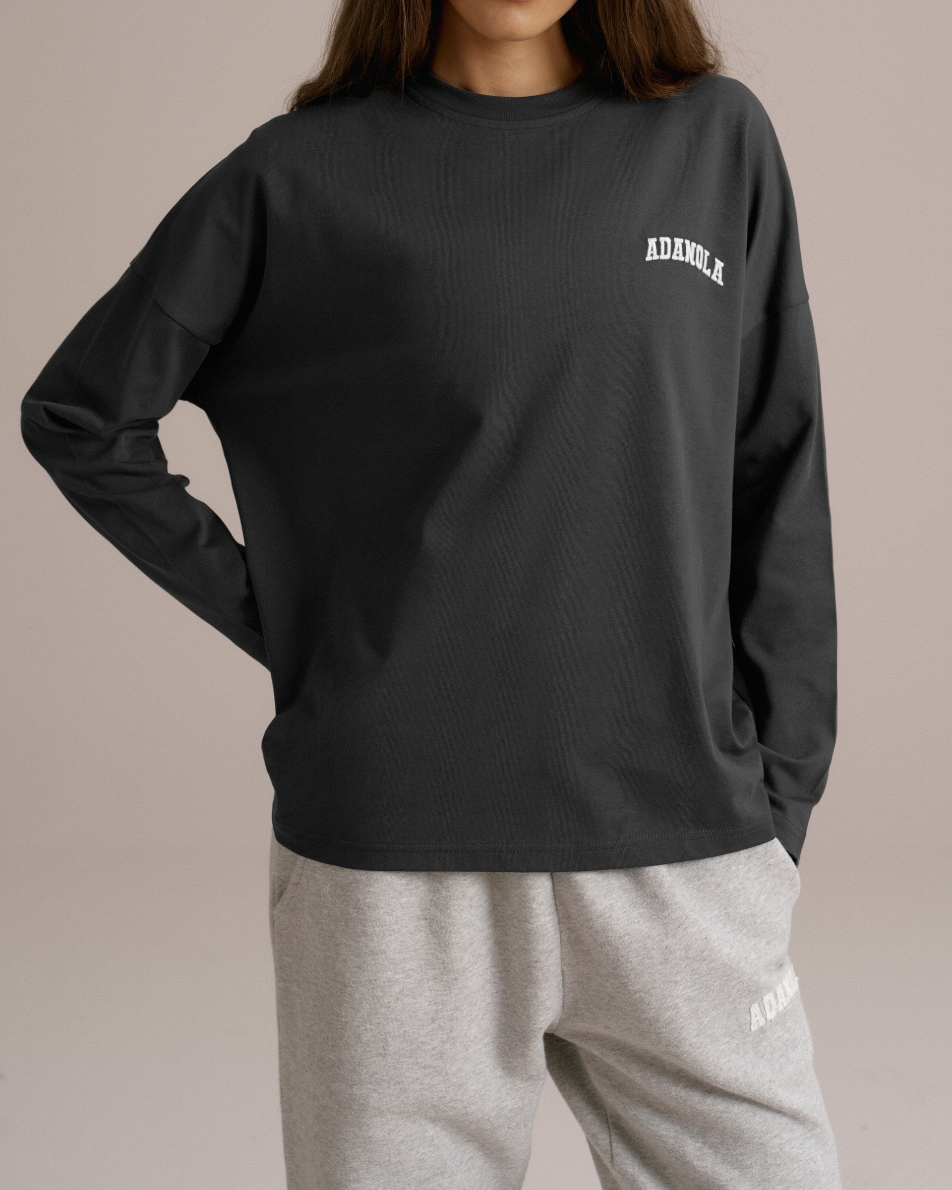 Varsity Long Sleeve Drop Shoulder T-shirt - Graphite Grey/Marshmallow White