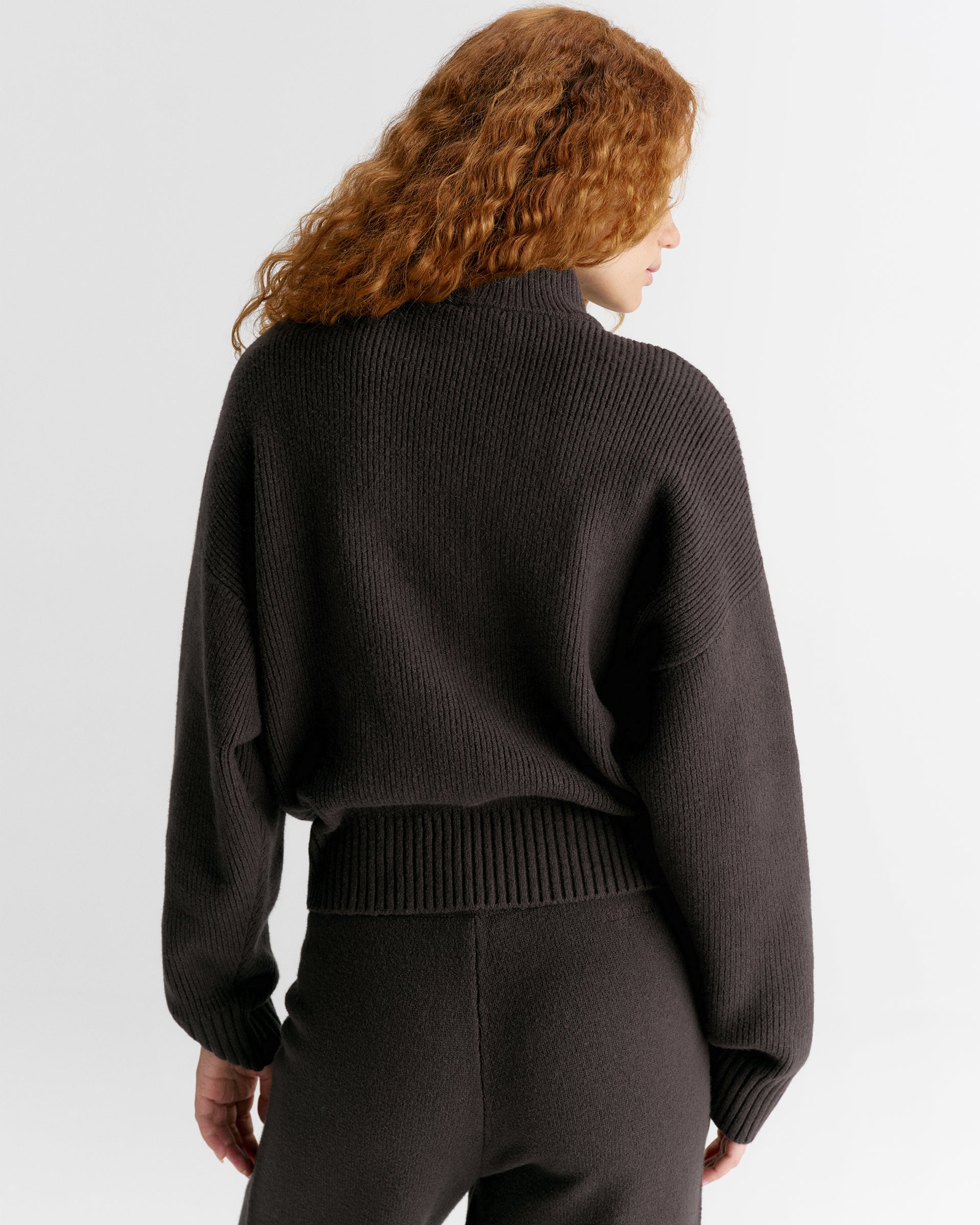 Varsity Ribbed Zip Through Knit Sweatshirt - Coffee Bean