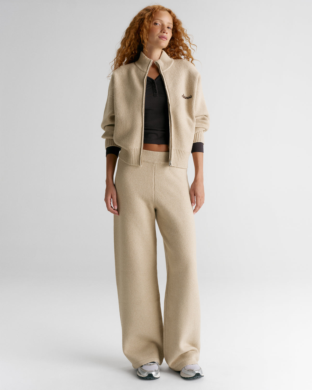 Ribbed Zip Through Knit Sweatshirt - Oatmeal