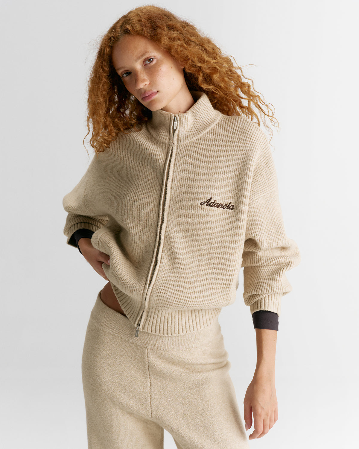 Ribbed Zip Through Knit Sweatshirt - Oatmeal