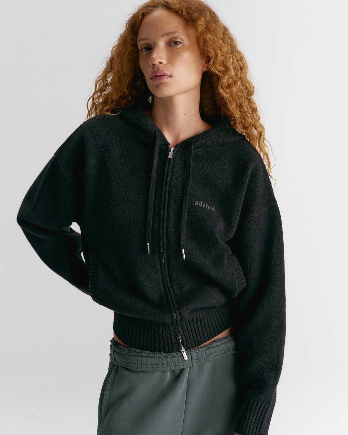 Knit Hooded Bomber Jacket - Black