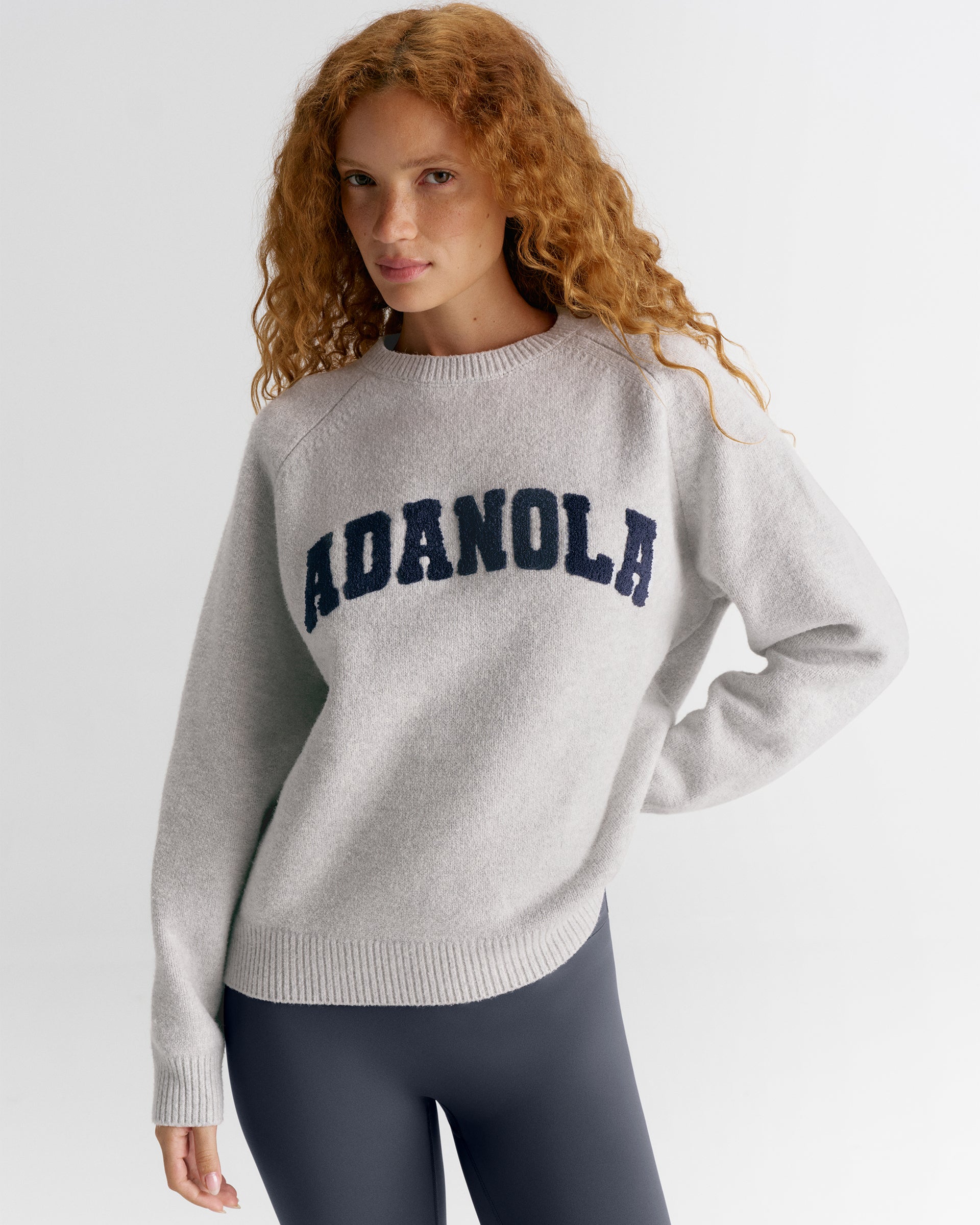 Varsity Boucle Oversized Knit Sweatshirt - Light Grey Melange/Navy Blue