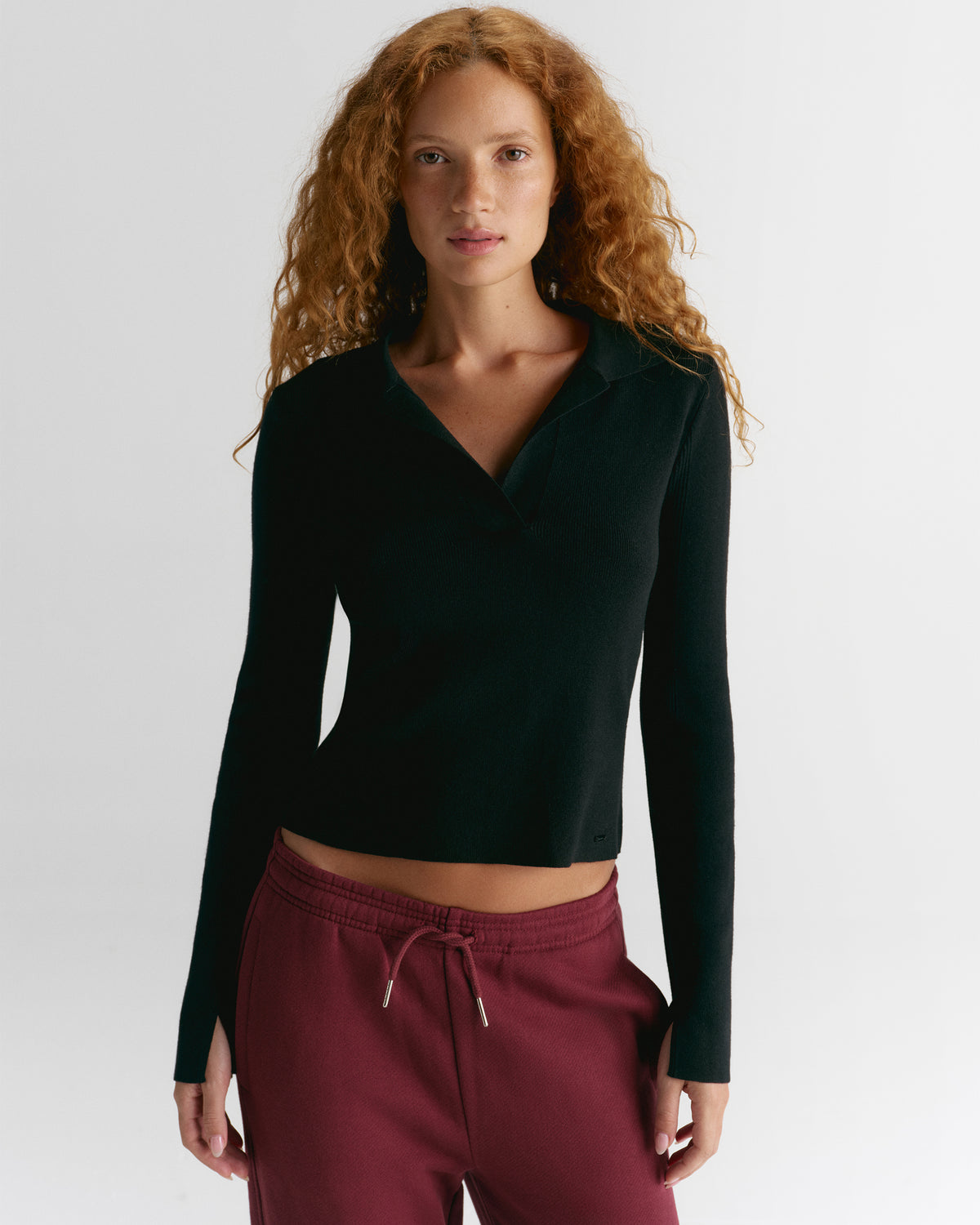Knit Collar Long Sleeve Top - Black