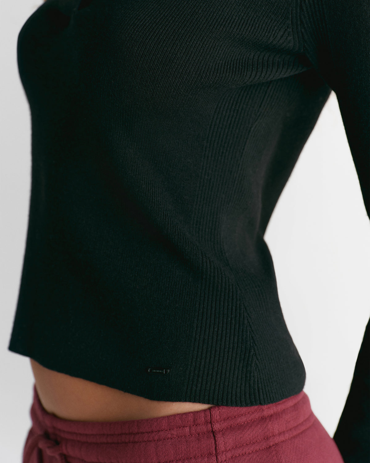 Knit Collar Long Sleeve Top - Black