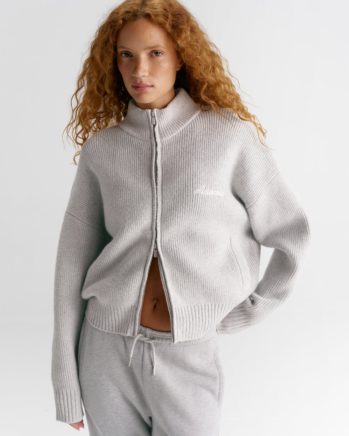 Ribbed Zip Through Knit Sweatshirt - Light Grey Melange