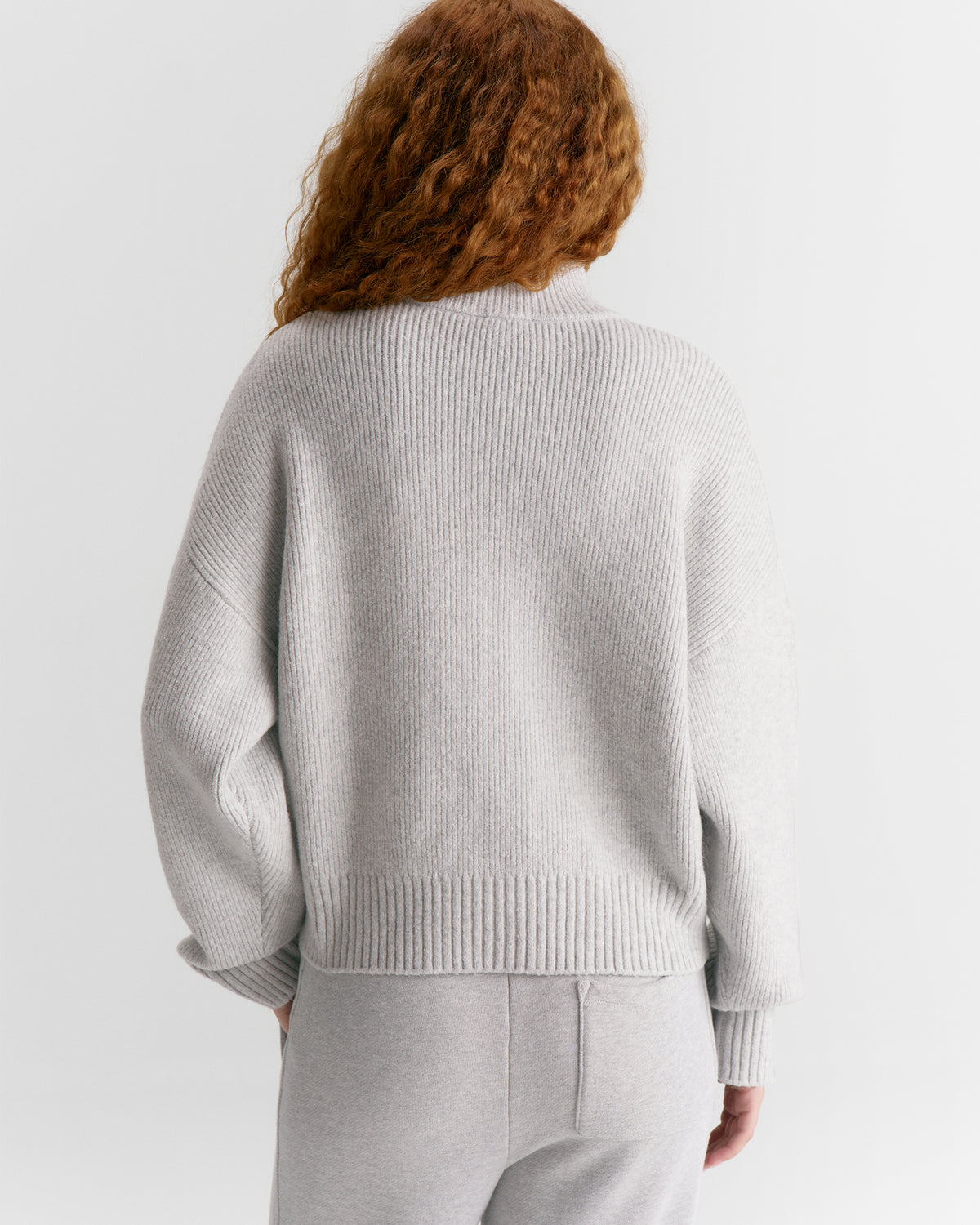 Ribbed Zip Through Knit Sweatshirt - Light Grey Melange